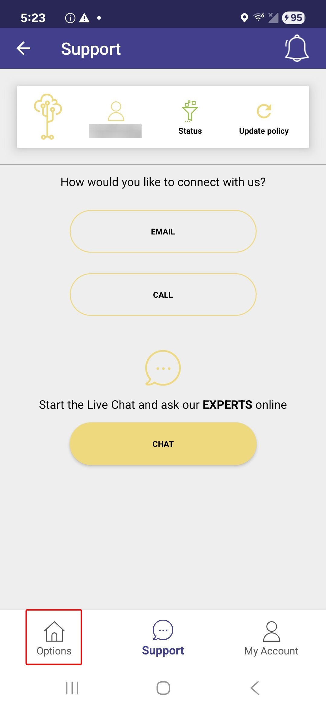 Screenshot of GenTech app options button