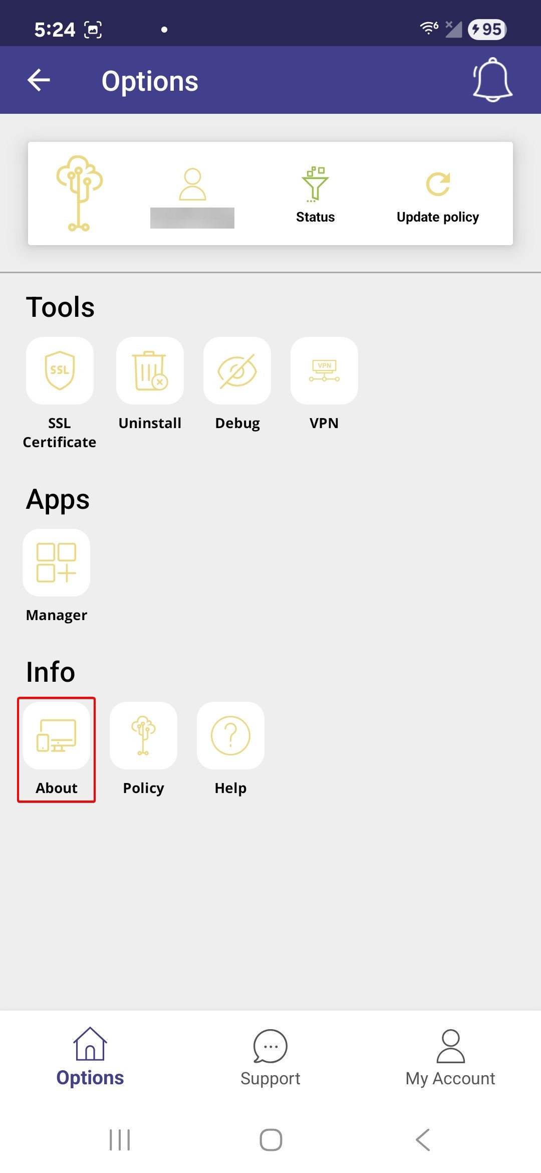 Screenshot of GenTech app About menu item