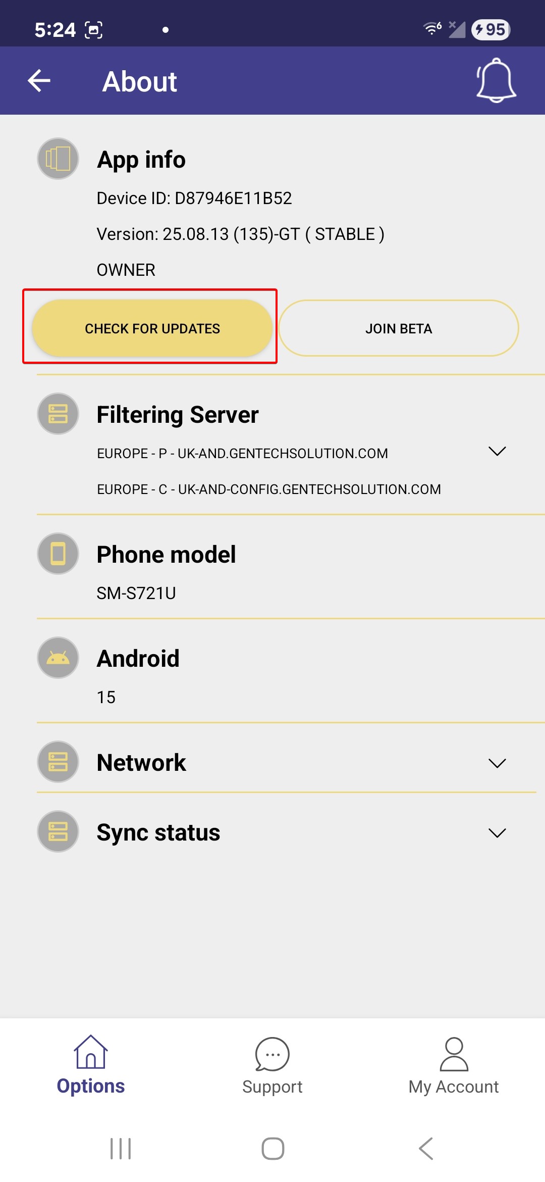 Screenshot of GenTech app Check for updates button