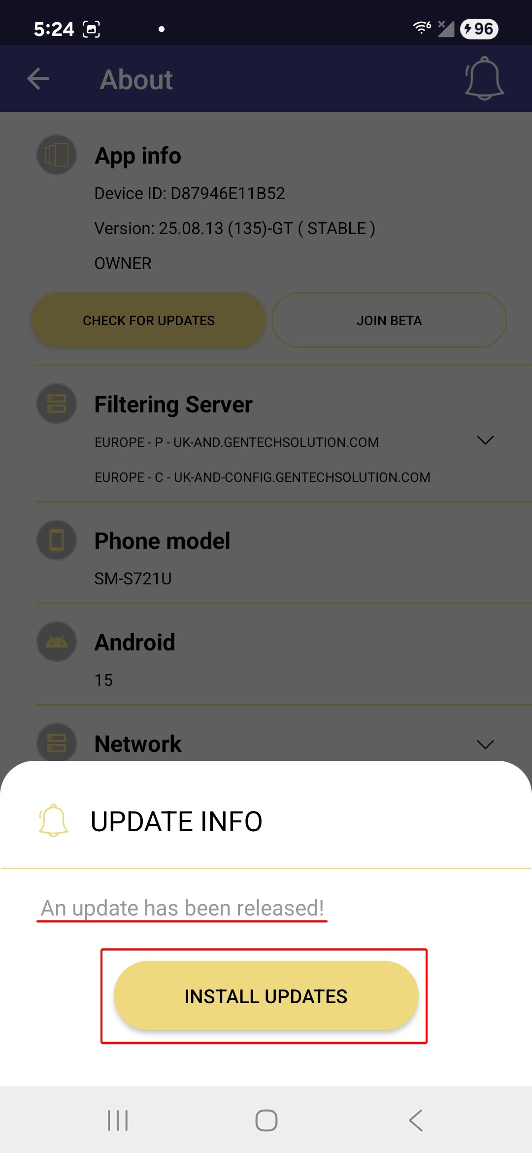 Screenshot of 'An update has been released' pop-up
