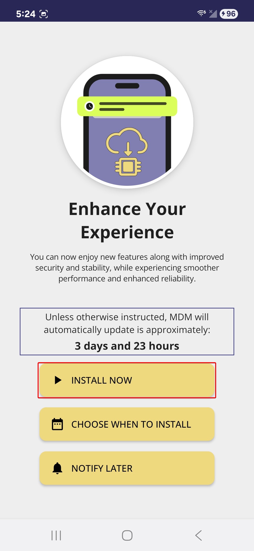 Screenshot of 'Install update now' or 'Schedule update' options